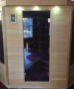 Sauna unit is indoors and dry heat
